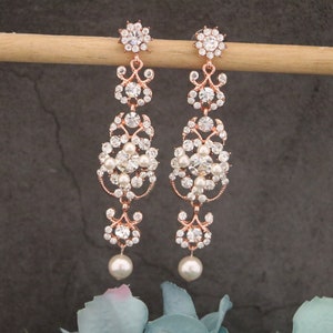 Long Rose gold earrings Crystal Bridal earrings Bridal jewelry earrings Pearl drop Bridal earrings dangle earrings for mother of bride Boho