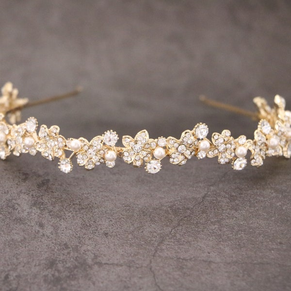 Gold Wedding Headband Pearl Bridal Headband headpiece wedding hair accessories Side rhinestone tiara Boho crystal tiara Simple Gold Headband