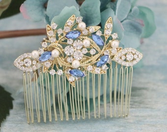 Pettine per capelli da sposa oro Pettine perle e cristalli Pettine per capelli blu navy Pettine per capelli da sposa zaffiro Gioielli per capelli blu Oro rosa Pettine per capelli laterale Opale