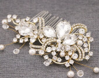 Gold Bridal headpiece Crystal and Pearl hair comb Boho hair piece Wedding hair accessories Rose gold Bridal hair comb Rhinestone hair comb