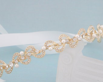 Gold Wedding headband Simple Bridal hair headband Pearl headband Rhinestone headband Crystal headband Wedding hair tiara headband Ribbon