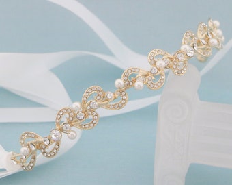 Gold Crystal headband Wedding hair piece Headband Ribbon Rhinestone headband Wedding simple headband Bridal hair jewelry headband Wedding