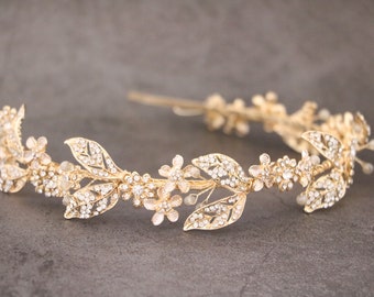 Crystal Wedding headband floral wedding headpiece for bride bridal rhinestone headband veil Gold Bridal headband Simple Wedding tiara Bridal