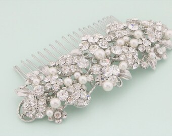 side bridal headpiece wedding hair comb silver bridal hair piece for veil Bridal hair comb Crystal and Pearl Bridal comb Wedding side comb