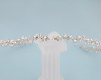 Silver Wedding headband Pearl hair vine Wedding hair jewelry headband Simple Bridal tiara headband Wedding hair piece headband Ribbon tiara