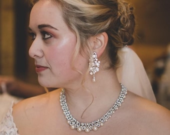 wedding necklace and earring set bridal jewelry bridal necklace and earring set Swarovski pearl necklace  Crystal and Pearl Wedding Necklace