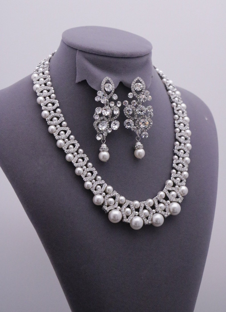 wedding necklace and earring set bridal jewelry bridal necklace and earring set Swarovski pearl necklace Crystal and Pearl Wedding Necklace image 2