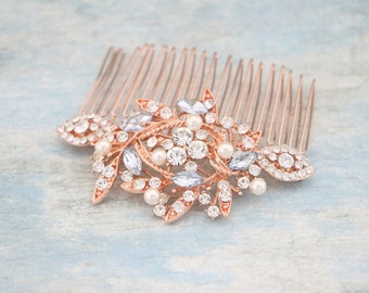 Rose gold Bridal blue comb Side bridal headpiece White opal Bridal hair comb Wedding hair accessories floral Bridal hair bling Wedding comb