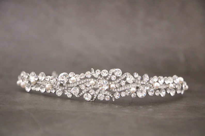 Silver Bridal headband Pearl and Crystal headband Bridal hair piece Wedding tiara Rhinestone headband tiara Wedding headband Hair jewelry image 4