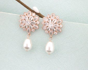 Rose gold Pearl earrings Pearl drop Wedding earrings Gold Crystal earrings Cubic Zirconia Bridal earrings Rhinestone earrings Gold earrings
