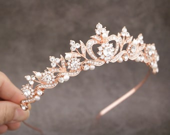 Bridal tiara Rose gold Simple Wedding tiara Pearl Tiara Crystal Tiara Rhinestone tiara Wedding hair Jewelry Tiara Bridal headband Tiara Boho