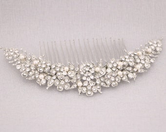 Pearl Wedding comb Wedding hair piece side Bridal Rhinestone comb Gold Wedding hair comb Bridal hair accessories floral Large Bridal comb