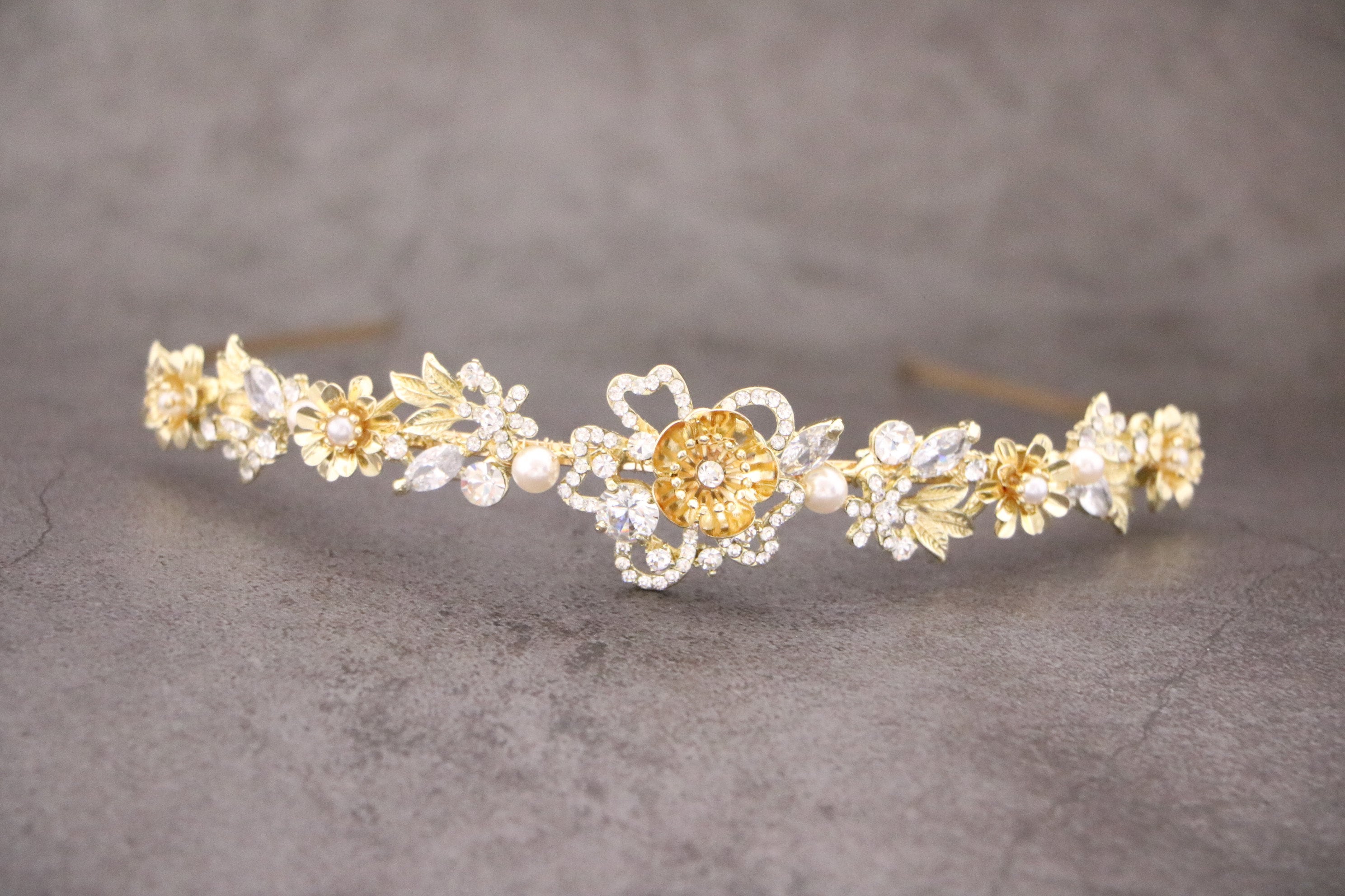 Rose Gold Floral Crystal Tiara Headband - Women Accessories Crystal & Freshwater Pearl Wedding Headband ABIGAIL | EDEN  main image 3