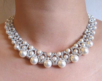 Collier et boucles d'oreilles de perles Swarovski Collier de mariage Collier en cristal Boucles d'oreilles de mariage en gouttes de perles Ensemble de bijoux de mariée en argent Boucle d'oreille de mariée
