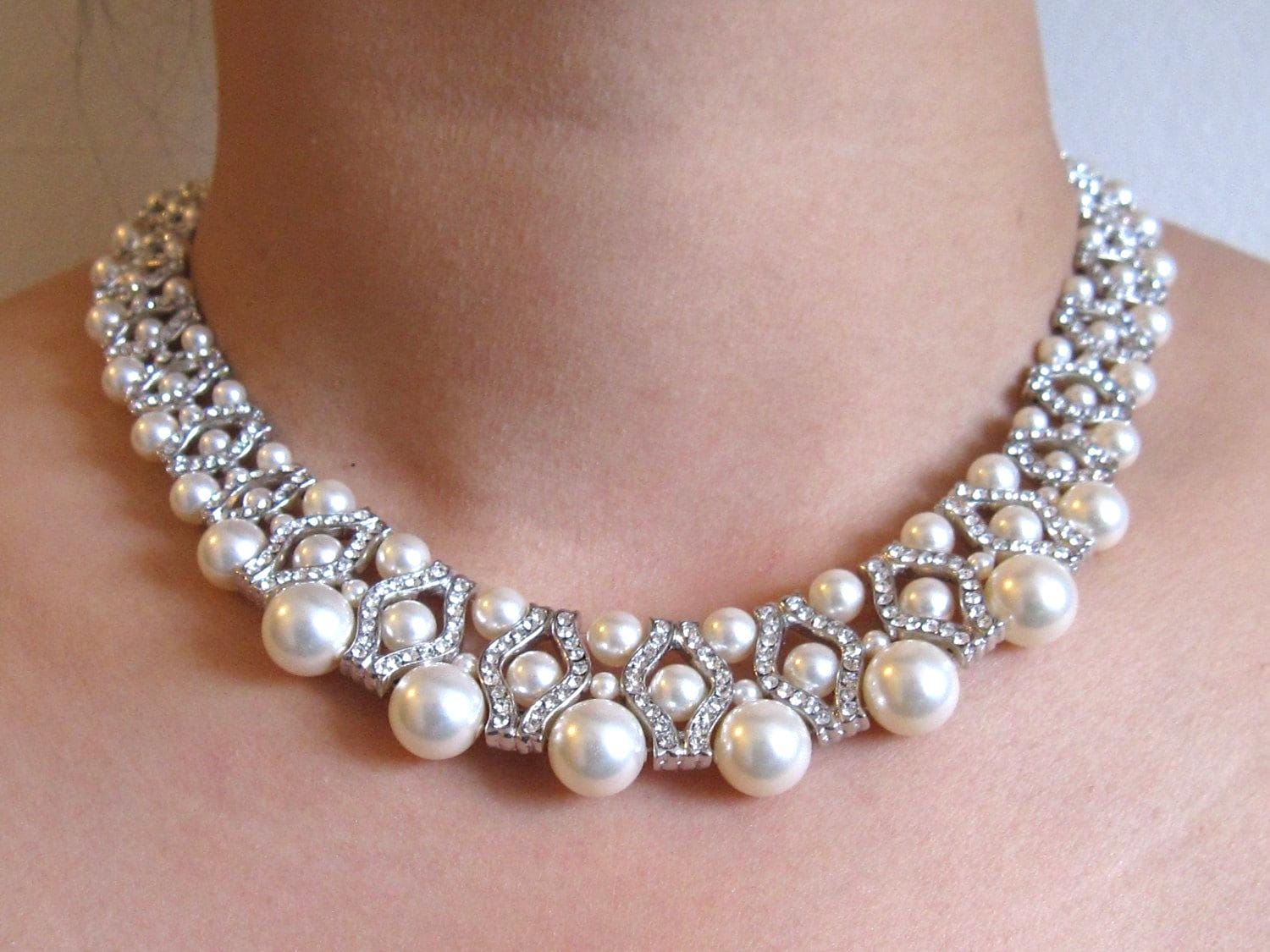 Swarovski pearl necklace and earrings Wedding necklace Crystal necklace Pearl drop Wedding earrings Silver Bridal jewelry set Bridal earring