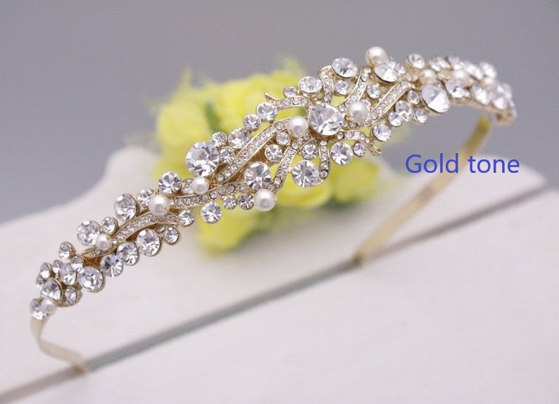 Silver Bridal headband Pearl and Crystal headband Bridal hair piece Wedding tiara Rhinestone headband tiara Wedding headband Hair jewelry Gold tone