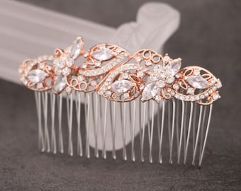 Bridal hair comb Side bridal headpiece Rose gold Wedding hair accessories floral Crystal hair comb Wedding hair jewelry Bridal hair bling