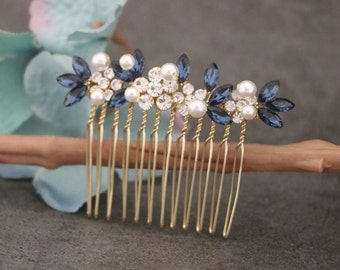 Navy blue Wedding hair comb Side bridal headpiece Rhinestone hair comb Gold veil comb Blue hair piece Wedding comb Pearl hair comb Crystal