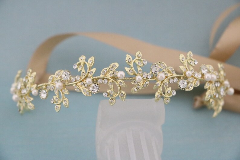Pearl headband Wedding tiara gold Crystal Wedding headband bridal headband crown bridal rhinestone headband floral wedding head piece Boho