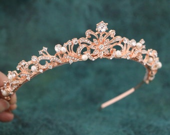 wedding tiara Rose gold Pearl tiara Simple Bridal tiara Gold Crystal tiara pearl wedding crown Rhinestone tiara Wedding headband Tiara Boho