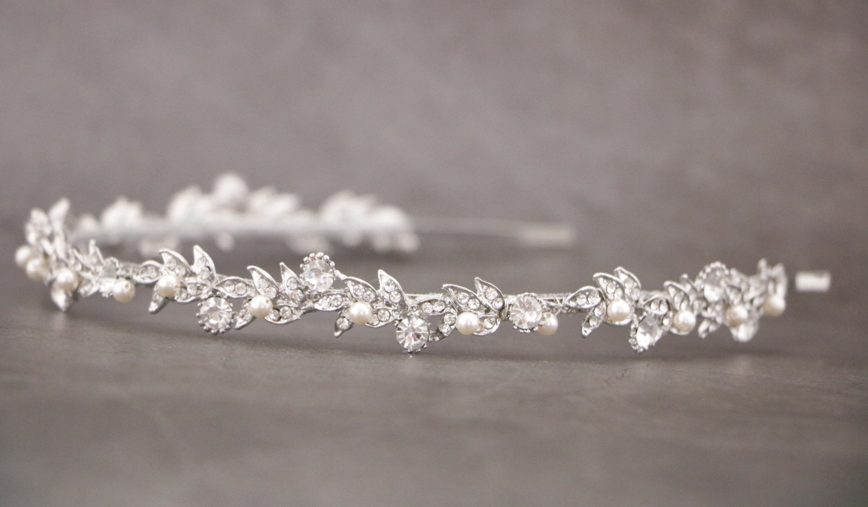Silver Wedding headband Pearl tiara Simple Bridal headband Rhinestone