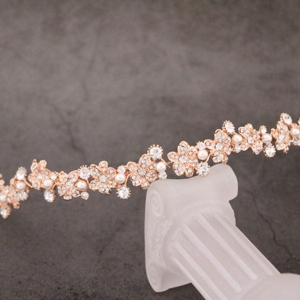 Gold Wedding headband Rose gold pearl headband Bridal hair jewelry Bridal headband Crystal headband Silver Wedding hair headband Ribbon side