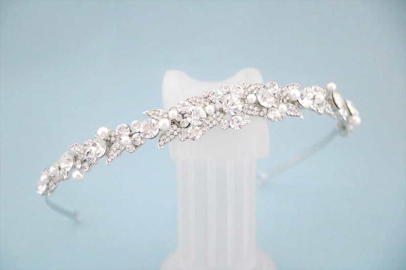 Bandeau de mariée perles Swarovski et strass art déco fleurs feuilles