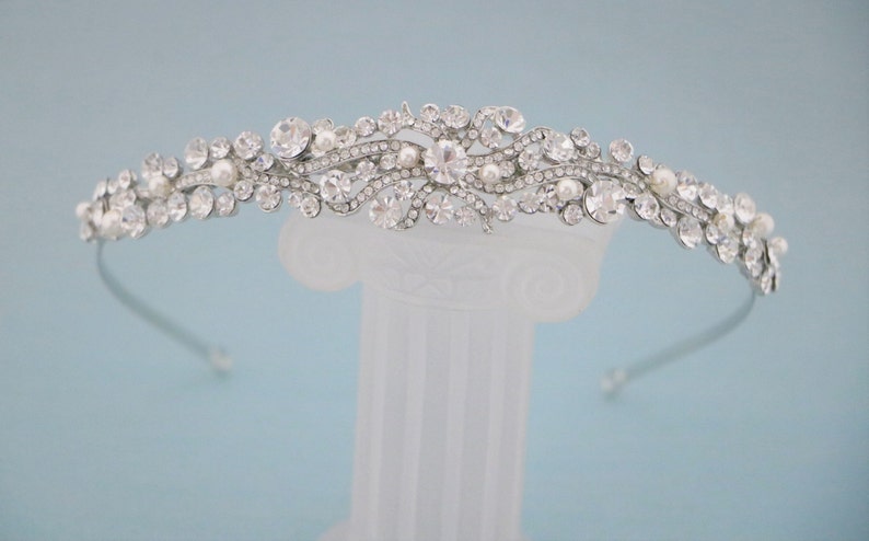 Silver Bridal headband Pearl and Crystal headband Bridal hair piece Wedding tiara Rhinestone headband tiara Wedding headband Hair jewelry image 2