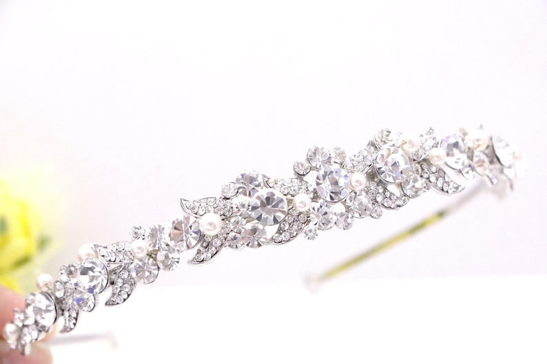 Bandeau de mariée perles Swarovski et strass art déco fleurs feuilles
