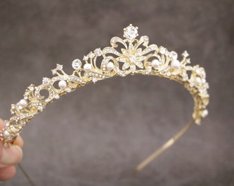 Gold Wedding Tiara: Pearl Rhinestone Bridal Headband