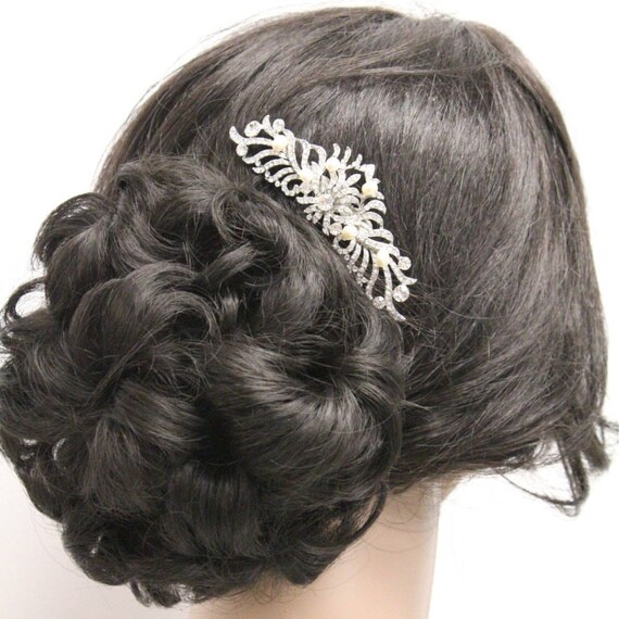 Silver Bridal Hair Comb Wedding Hair Accessory Crystal Pearl Leaves Silver Bridal Hair Comb - Wedding Hair Piece - Pearl Crystal  main image 4