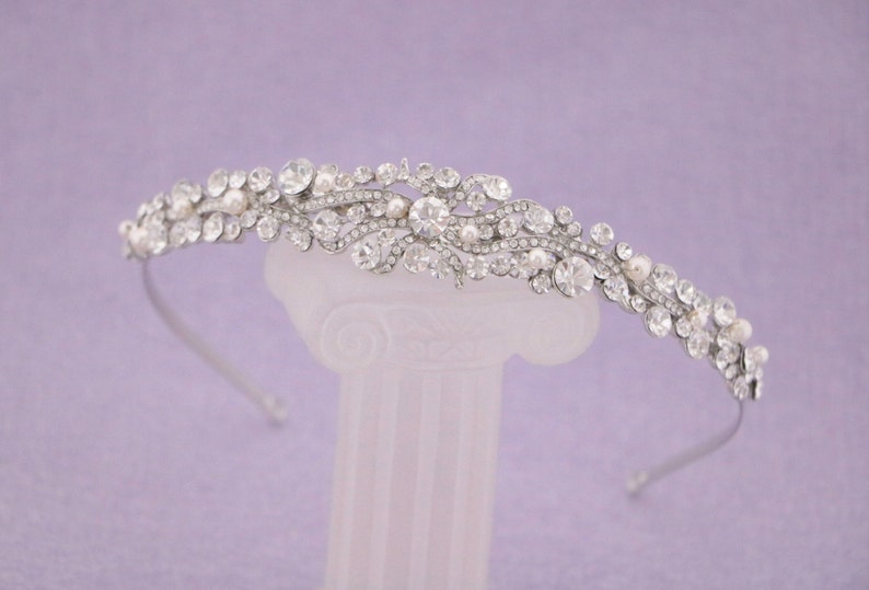 Silver Bridal headband Pearl and Crystal headband Bridal hair piece Wedding tiara Rhinestone headband tiara Wedding headband Hair jewelry image 5
