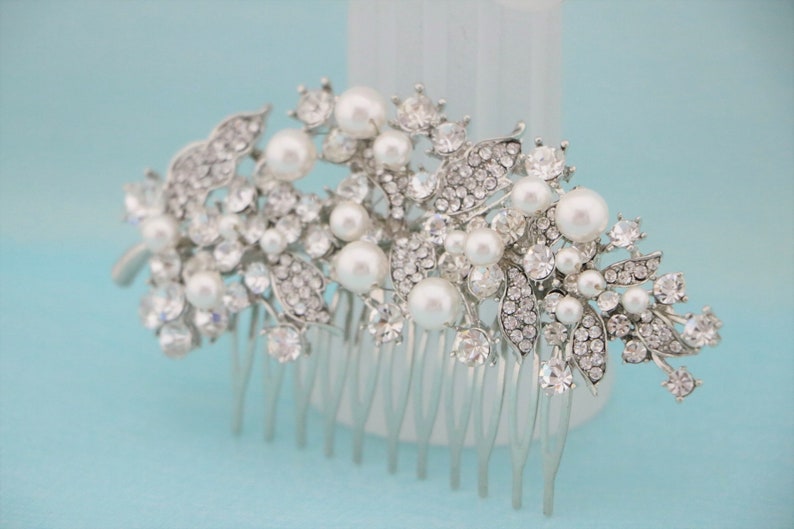 Wedding hair comb Pearl side comb Wedding hair accessories floral Bridal hair piece Wedding hair bling Bridal hair jewelry Bridal hair comb image 6