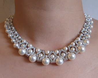 Swarovski pearl necklace and earrings Wedding necklace Crystal necklace Pearl drop Wedding earrings Silver Bridal jewelry set Bridal earring