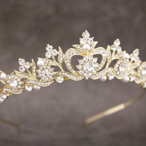 Bridal tiara Rose gold Simple Wedding tiara Pearl Tiara Crystal Tiara Rhinestone tiara Wedding hair Jewelry Tiara Bridal headband Tiara Boho Gold tone