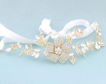 White ribbon Wedding headband Gold Crystal headband Bridal tiara Boho