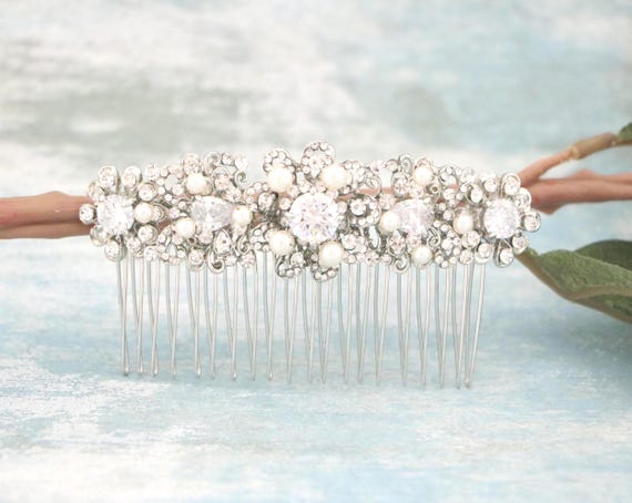 Gold Bridal Hair Comb, Pearl Rhinestone Wedding Headpiece  display picture 1