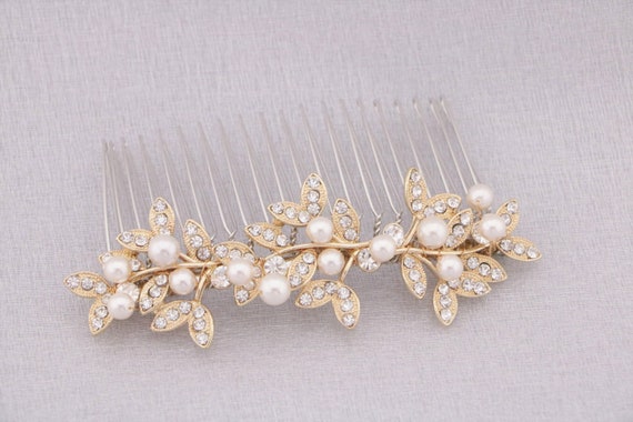 Gold Pearl Bridal Hair Comb: Swarovski Crystal Wedding Hair  display picture 2