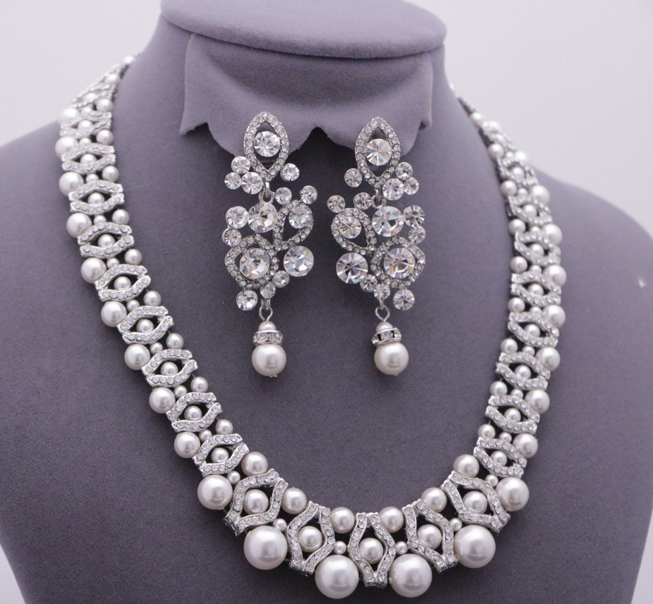 Pearl Crystal Backdrop Bridal Necklace & Pearl earrings set | Etsy