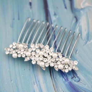 Silver Wedding hair comb Rhinestone hair comb Side Wedding comb Crystal hair piece hair comb Pearl hair jewelry Wedding hair bling Headpiece image 4