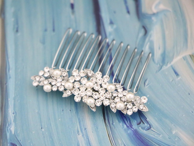 Silver Wedding hair comb Rhinestone hair comb Side Wedding comb Crystal hair piece hair comb Pearl hair jewelry Wedding hair bling Headpiece image 4