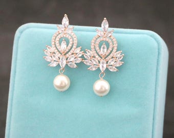 Pearl drop Wedding earrings Rose gold Bridal earrings Crystal earrings