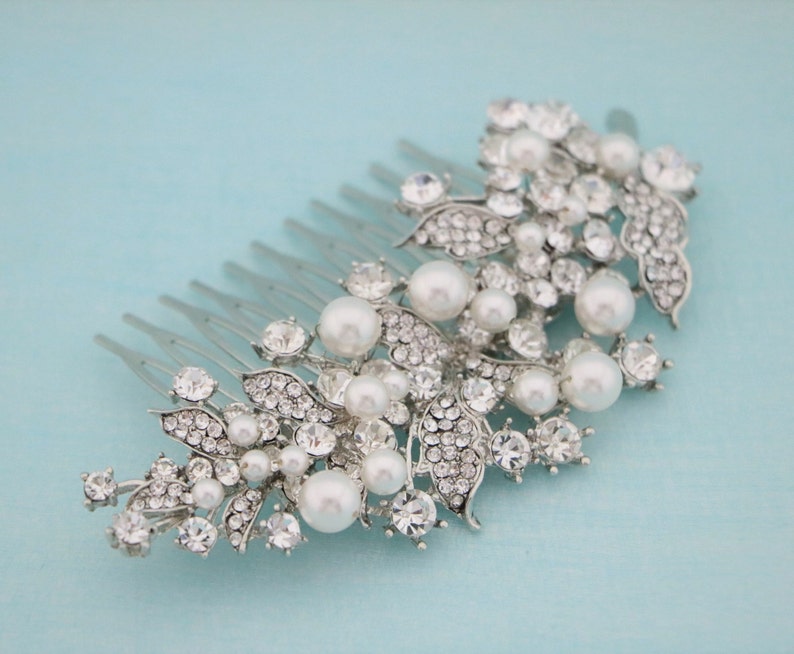 Wedding hair comb Pearl side comb Wedding hair accessories floral Bridal hair piece Wedding hair bling Bridal hair jewelry Bridal hair comb Swarovski ivory