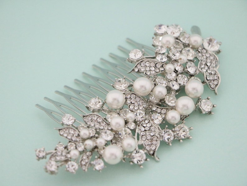 Wedding hair comb Pearl side comb Wedding hair accessories floral Bridal hair piece Wedding hair bling Bridal hair jewelry Bridal hair comb image 2