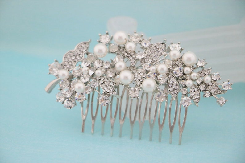 Wedding hair comb Pearl side comb Wedding hair accessories floral Bridal hair piece Wedding hair bling Bridal hair jewelry Bridal hair comb image 3