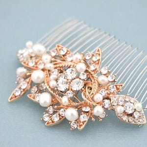 Rose Gold Bridal Hair Comb: Pearl & Rhinestone Wedding Headpiece Side Bridal hair accessories for bun Bridal comb Pearl Wedding comb Boho