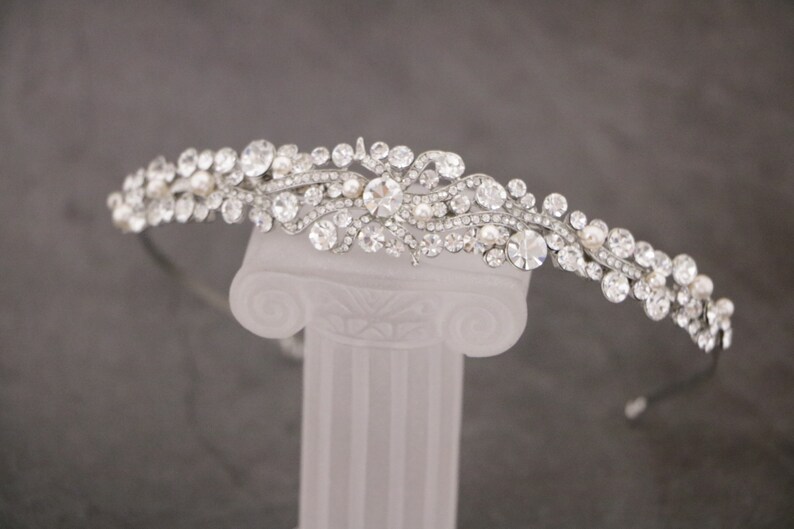 Silver Bridal headband Pearl and Crystal headband Bridal hair piece Wedding tiara Rhinestone headband tiara Wedding headband Hair jewelry image 1