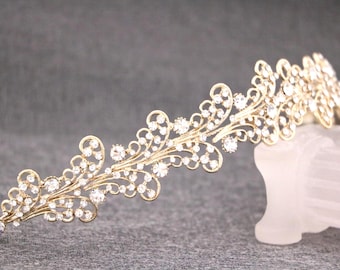 Gold Bridal headband White ribbon Rhinestone headband Wedding hair jewelry headband Rose gold Crystal headband Rose gold Bridal headband