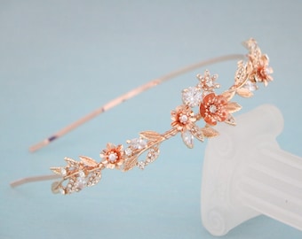 Rose gold Wedding headband Simple Bridal hair headband Rhinestone hair headband Crystal headband Bridal side tiara Silver headband hairpiece