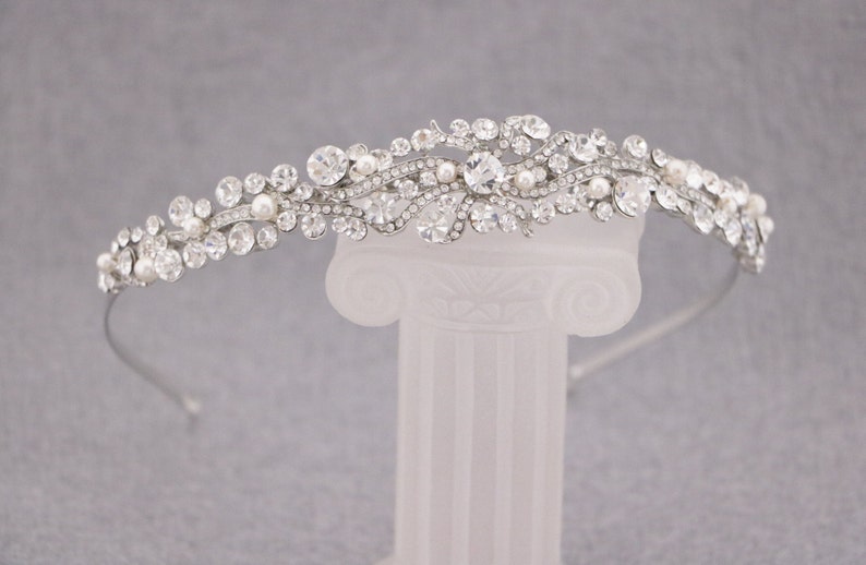 Silver Bridal headband Pearl and Crystal headband Bridal hair piece Wedding tiara Rhinestone headband tiara Wedding headband Hair jewelry image 7